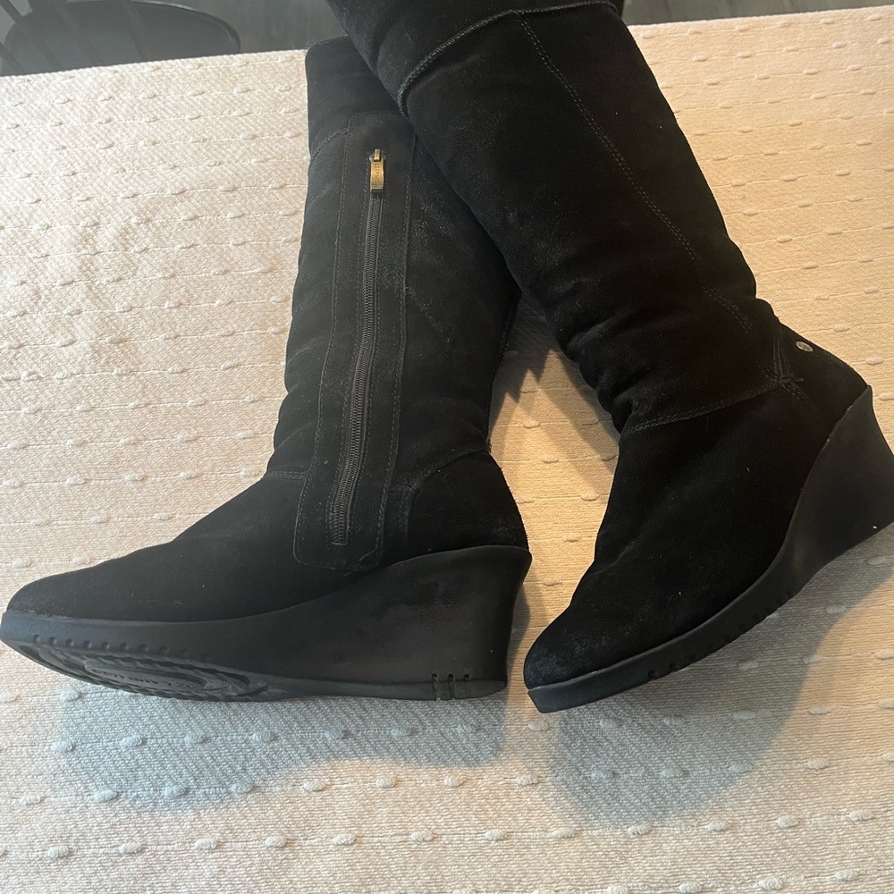 UGG Lamb Oz  Tall Black Suede Wedge Boots